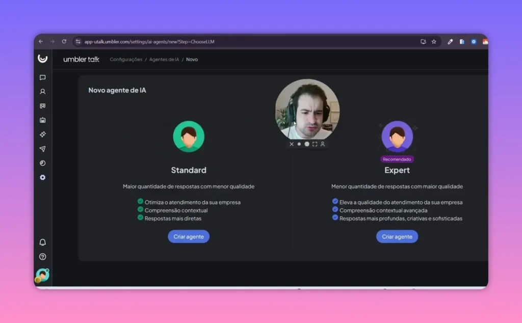 Tela de cria&ccedil;&atilde;o de novo agente mostrando op&ccedil;&otilde;es Standard e Expert no Umbler Talk