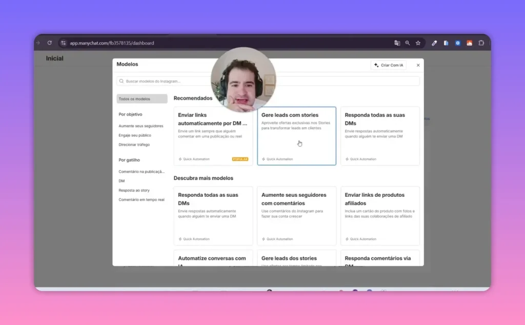 Interface Manychat com modelos recomendados, card 'Gere leads com stories' selecionado