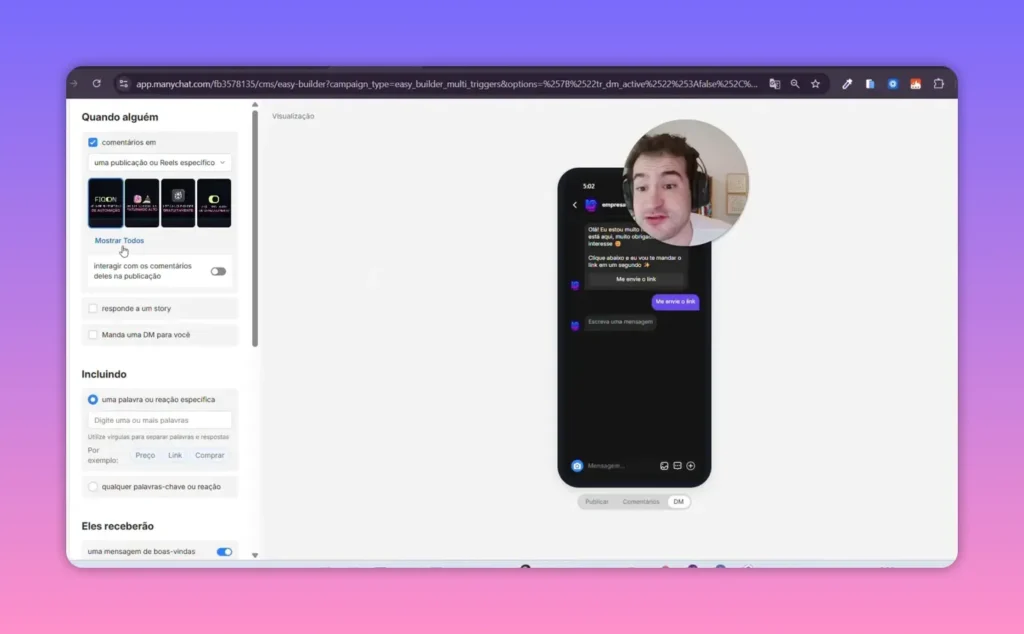 Interface do Manychat selecionando 'coment&aacute;rios' e a pr&eacute;-visualiza&ccedil;&atilde;o do chat mostrando mensagem com bot&atilde;o de link.