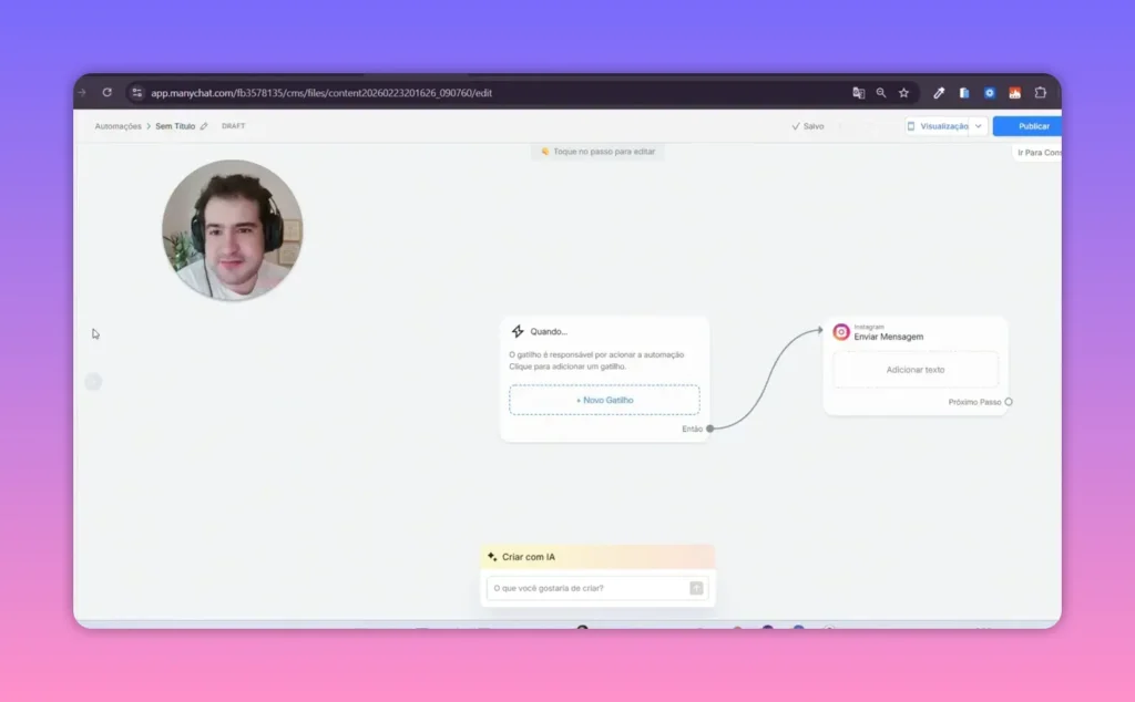 Vis&atilde;o limpa do construtor do Manychat mostrando um cart&atilde;o 'Quando&hellip;' conectado a 'Enviar Mensagem' sem anota&ccedil;&otilde;es