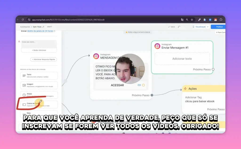 Construtor Manychat com bloco 'Coleta de Dados' circulado e fluxo de mensagens mostrando coleta de informa&ccedil;&otilde;es