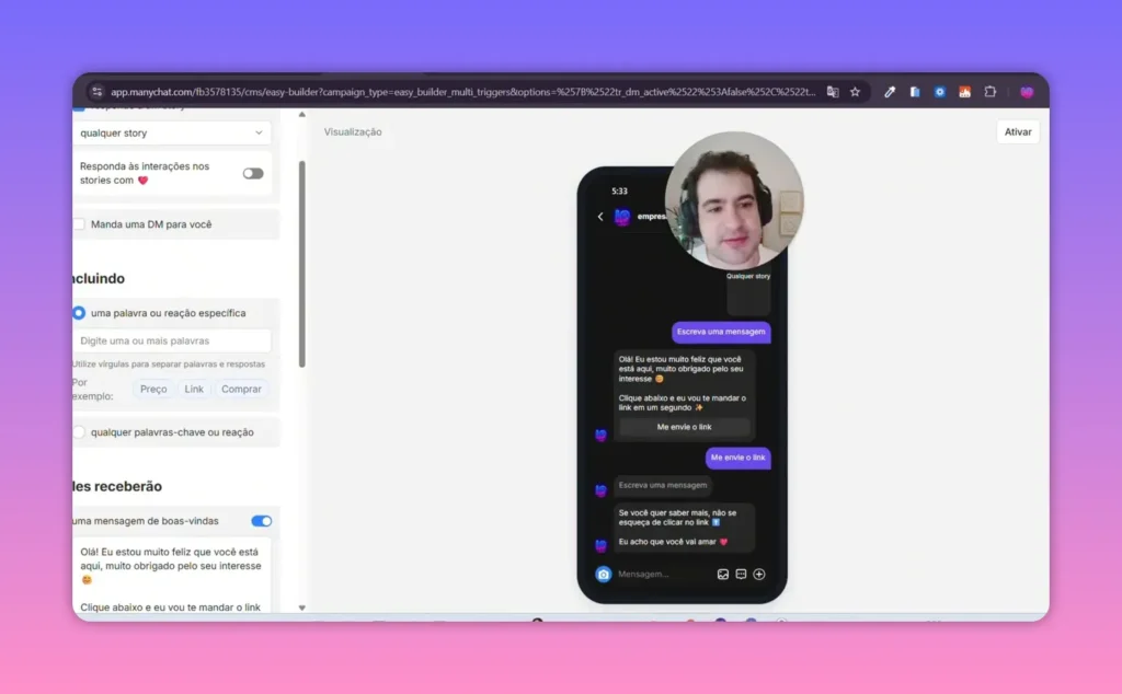 Vis&atilde;o do Manychat com mockup de celular exibindo mensagem que entrega o link e painel de gatilhos &agrave; esquerda, sem textos sobrepostos.