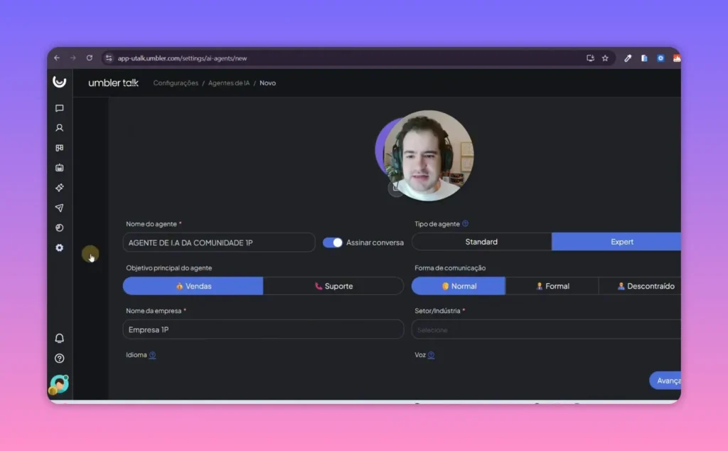 Tela de configura&ccedil;&atilde;o do agente no Umbler Talk com campos nome, objetivo, tipo de agente e forma de comunica&ccedil;&atilde;o