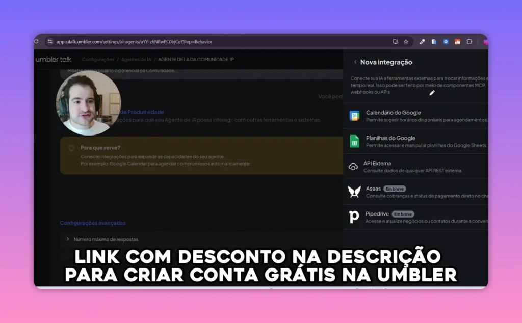 Painel de integra&ccedil;&otilde;es do Umbler Talk mostrando Google Calendar, Google Sheets e API Externa com boa legibilidade.
