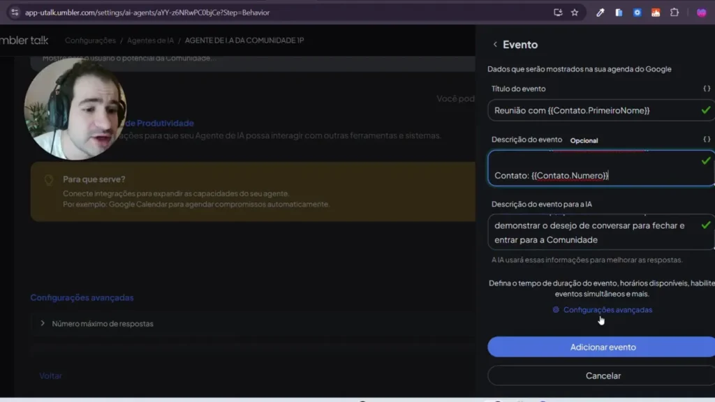 Painel 'Evento' do Umbler Talk mostrando 'Reuni&atilde;o com {{Contato.PrimeiroNome}}' e descri&ccedil;&atilde;o 'Contato: {{Contato.Numero}}'.