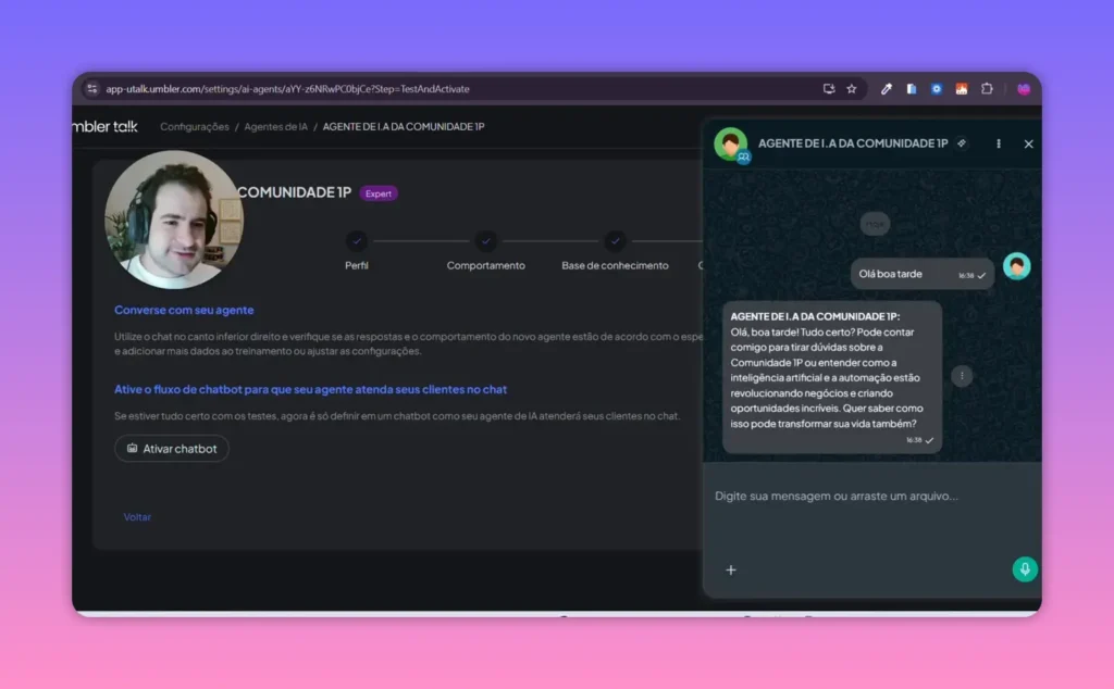 Chat do WhatsApp mostrando mensagem de resposta do agente de IA no Umbler Talk durante testes, evidenciando o comportamento treinado.