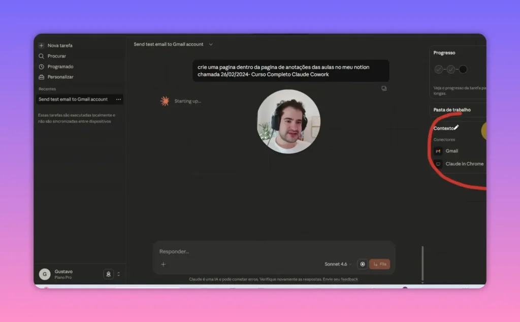 Claude Cowork em fase de inicialização (starting up) com tarefa de criar página no Notion