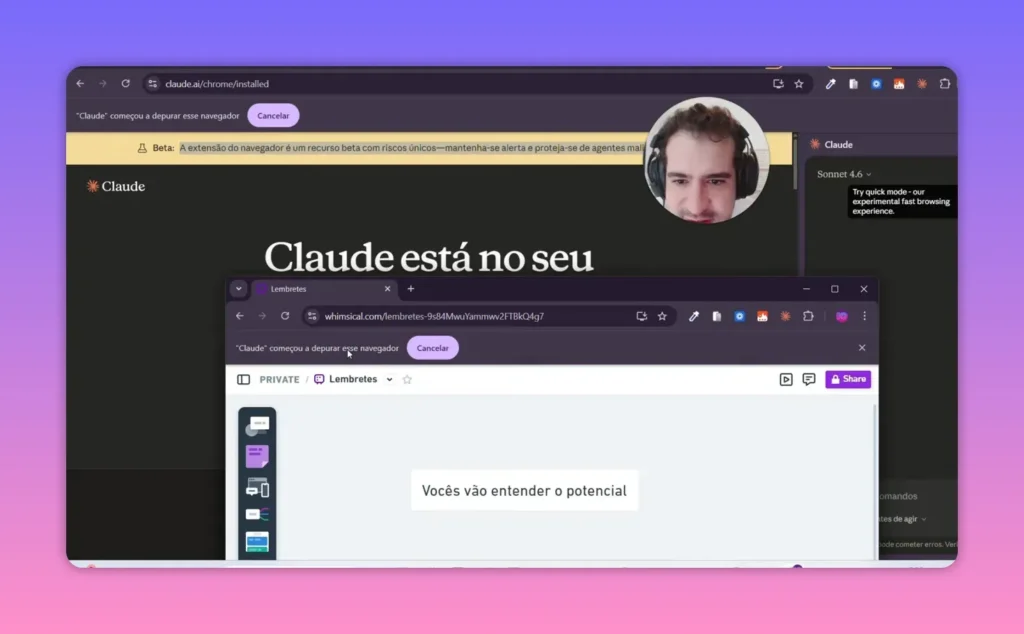 Página de ativação/instalação do Claude no Chrome com mensagem de beta e botão para experimentar o demo