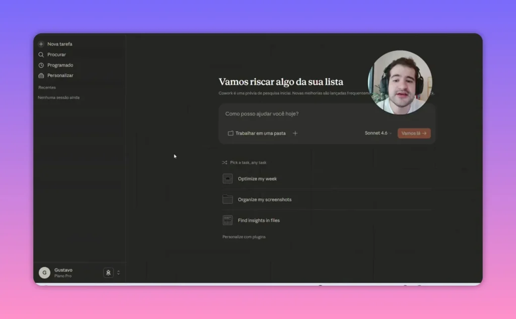 Interface do Claude Cowork exibindo sugestões de tarefas para iniciar automações
