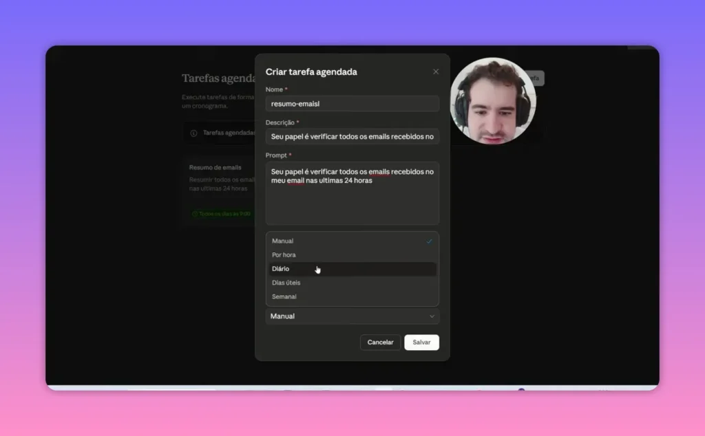 Tela do Claude Cowork “Criar tarefa agendada” mostrando a seleção de frequência da rotina