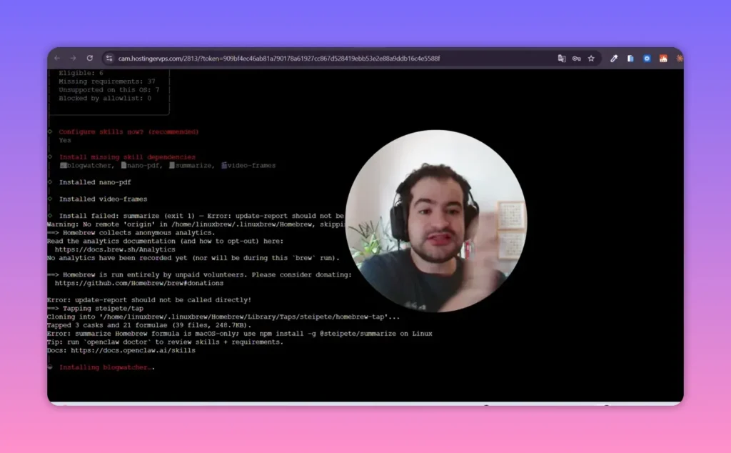 Logs do terminal durante instalação de skills do OpenClaw dentro do container na VPS