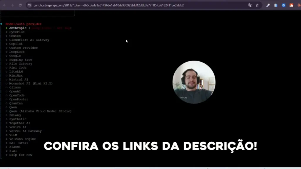 Tela do OpenClaw mostrando a lista de provedores de modelo (auth provider) com destaque para a opção OpenRouter