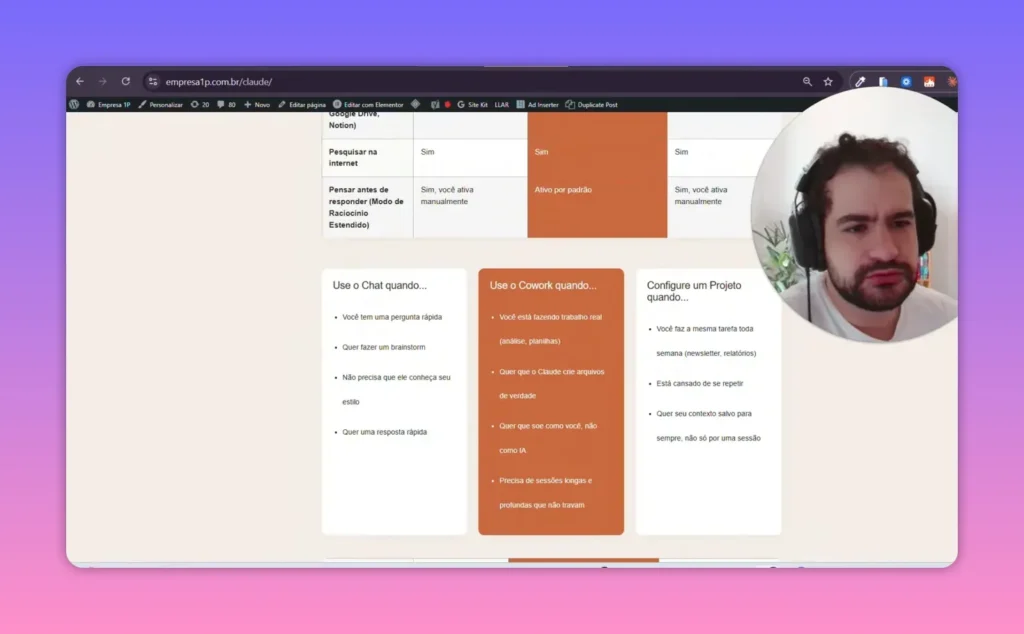 Captura do guia Chat, Cowork e Projetos no Claude com foco no Cowork para resultado pr&aacute;tico
