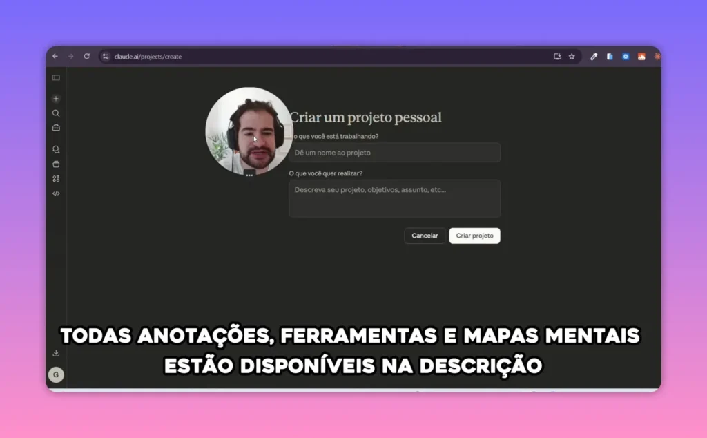 Tela de cria&ccedil;&atilde;o de um novo projeto no Claude com campos de nome e descri&ccedil;&atilde;o