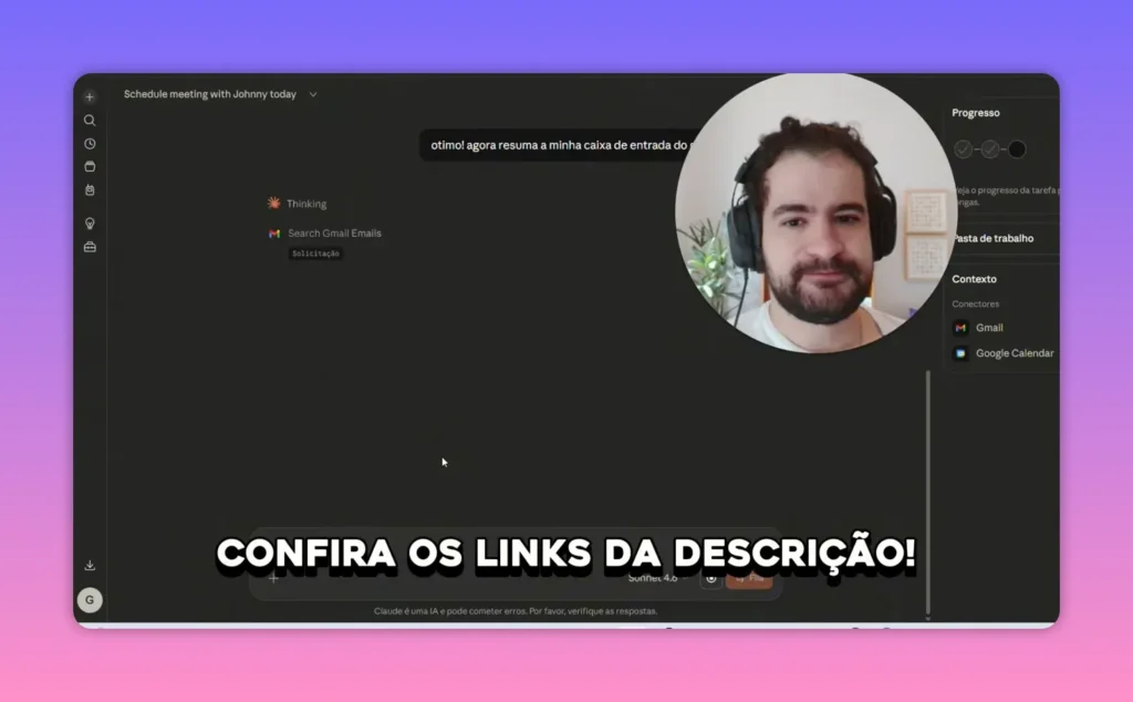 Captura de tela do Cowork no Claude mostrando 'Search Gmail Emails' durante o resumo da caixa de entrada