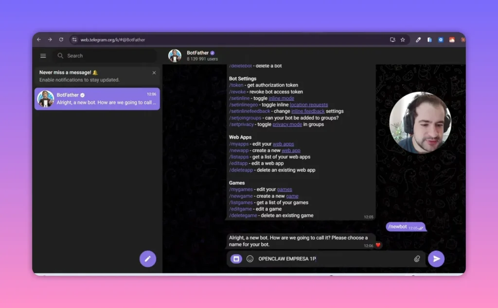 BotFather solicitando o nome para o novo bot do Telegram