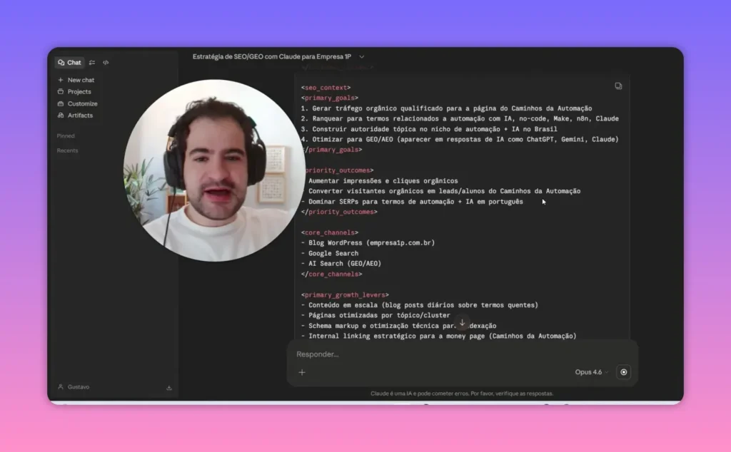Tela do Claude mostrando o seo_context e priority_outcomes no prompt zero para estrat&eacute;gia de SEO/GEO