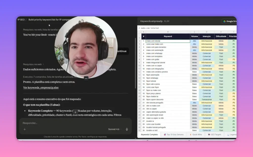 Tela do Claude com planilha de keywords mostrando volume, inten&ccedil;&atilde;o e dificuldade