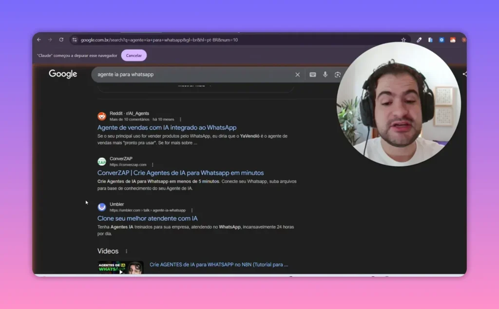 Screenshot do Google exibindo resultados org&acirc;nicos &ldquo;agente ia para whatsapp&rdquo; durante estudo de concorrentes