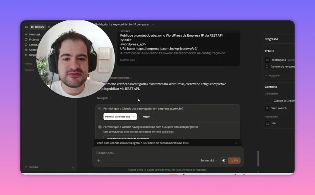 Interface do Claude Cowork mostrando tarefa de publicar conte&uacute;do no WordPress via REST API