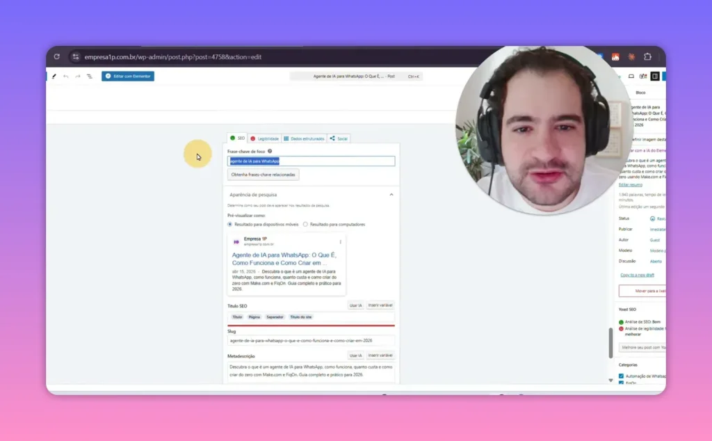 Editor WordPress com campos de SEO como slug e metadescri&ccedil;&atilde;o preenchidos