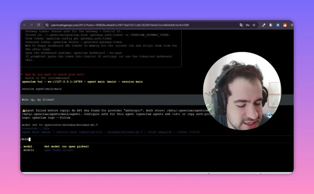 Terminal do OpenClaw mostrando seleção de modelo (open model picker) após iniciar agent e session