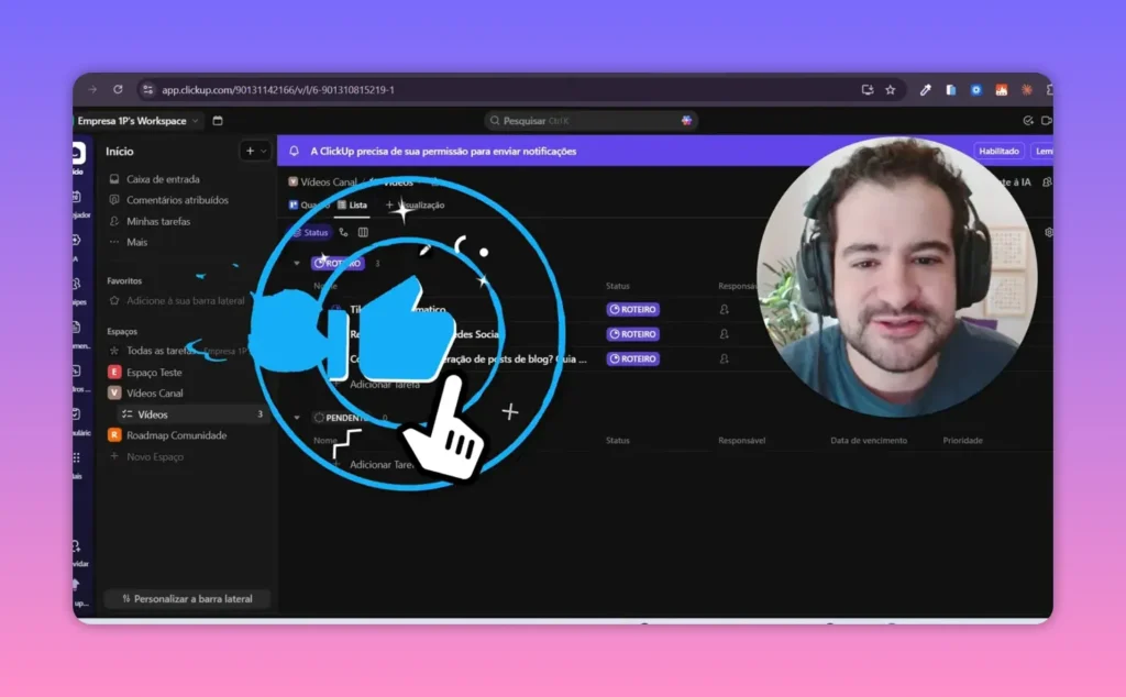 ClickUp com tarefas de ideias de v&iacute;deos sendo adicionadas automaticamente em uma lista do workspace
