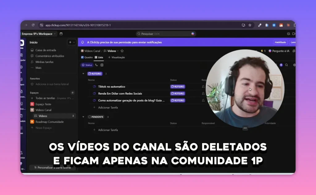ClickUp com lista de tarefas criada automaticamente pelo agente do Claude