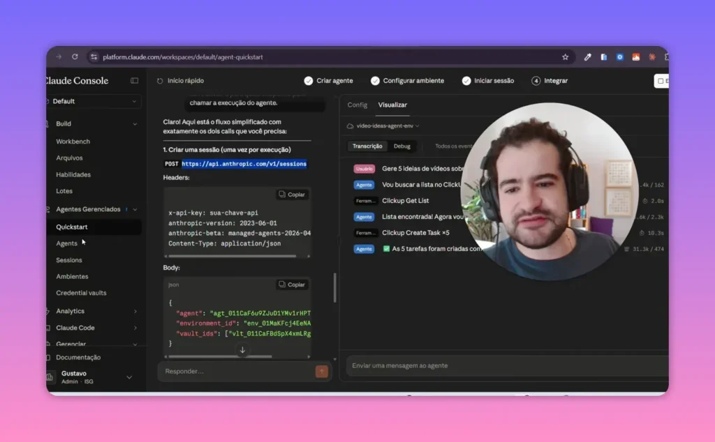 Body JSON da chamada para criar sess&atilde;o no Claude Managed Agents com agent id, environment id e vault ids