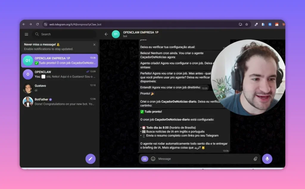Tela do bot Telegram do OpenClaw mostrando o cronjob do briefing diário às 8h