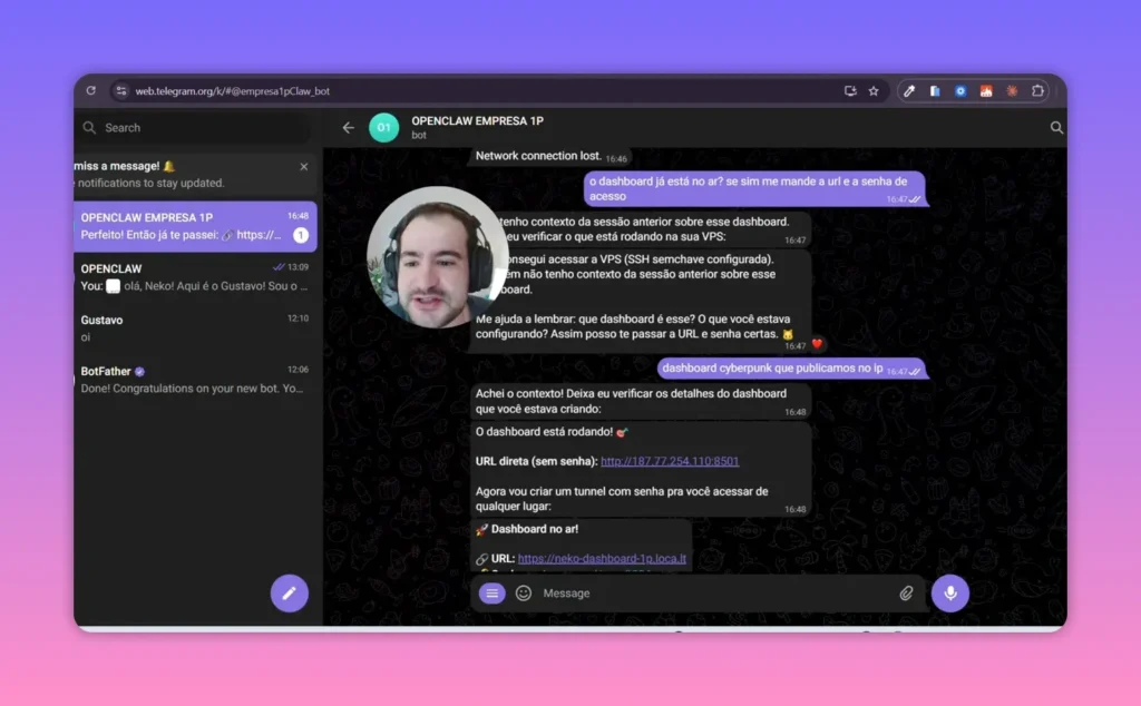 Mensagem do OpenClaw no Telegram com status do dashboard no ar e URL de acesso via túnel
