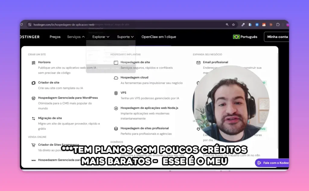 Menu da Hostinger com opções de hospedagem de site e hospedagem de aplicações web Node.js