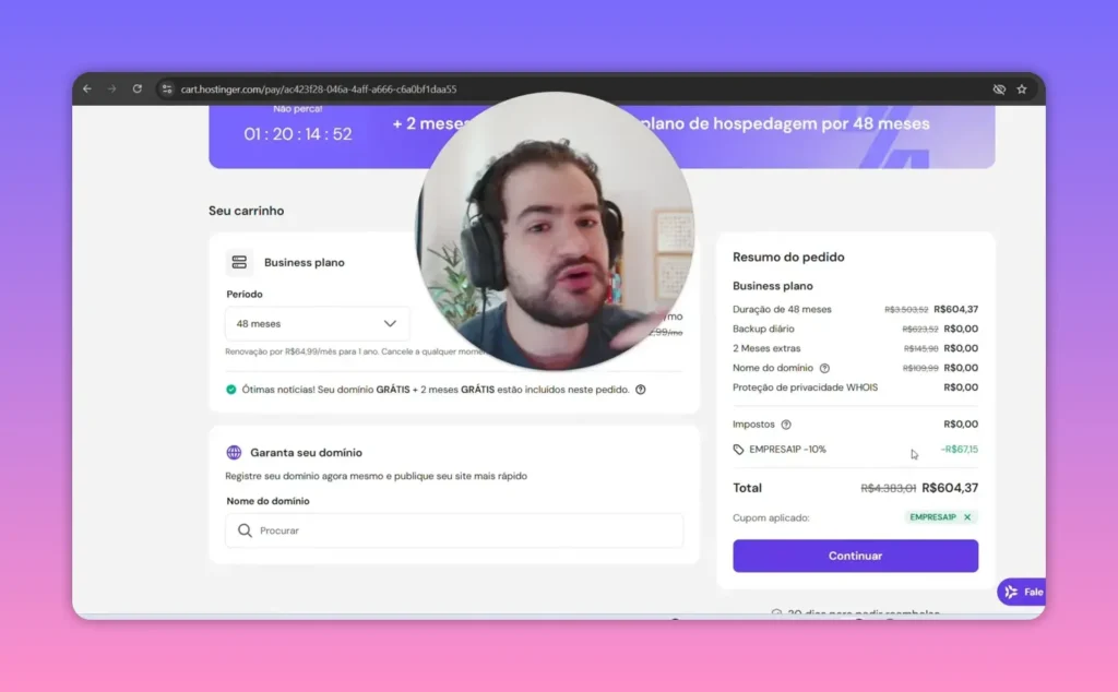 Cupom EMPRESA1P aplicado no checkout da Hostinger com desconto no total
