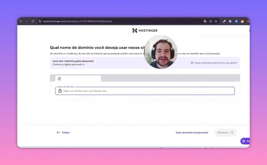 Hostinger: etapa de conexão de domínio com campo para inserir o nome do domínio