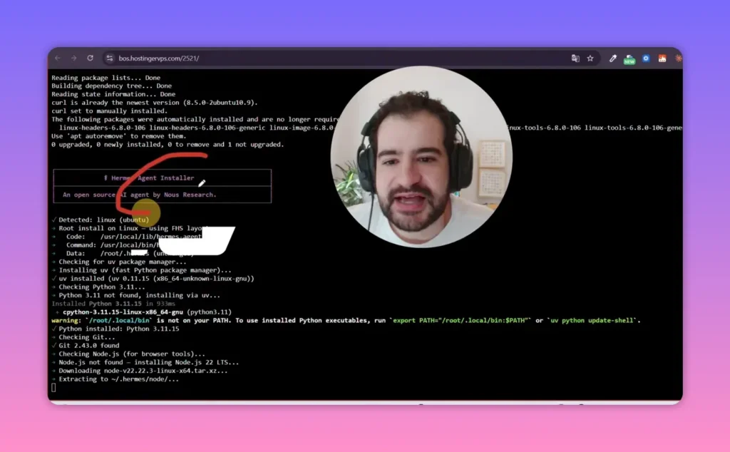 Instalador do Hermes Agent aparecendo no terminal da VPS Ubuntu
