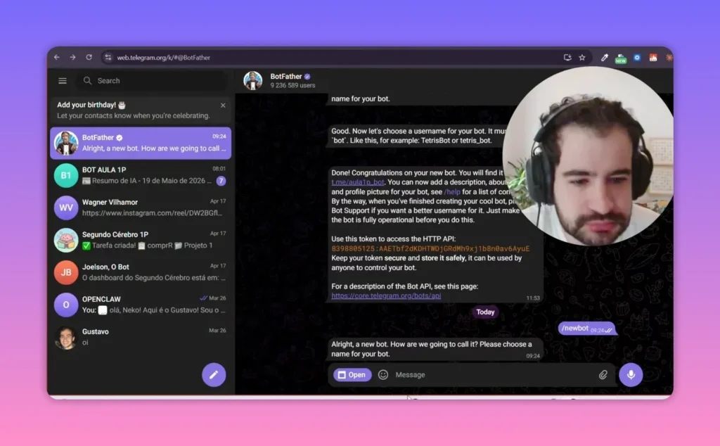 BotFather no Telegram exibindo token e instru&ccedil;&otilde;es para integra&ccedil;&atilde;o do bot