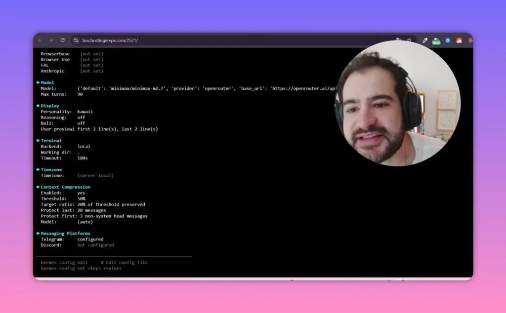 Tela de configura&ccedil;&atilde;o do Hermes Agent com modelo, OpenRouter e Telegram configurado