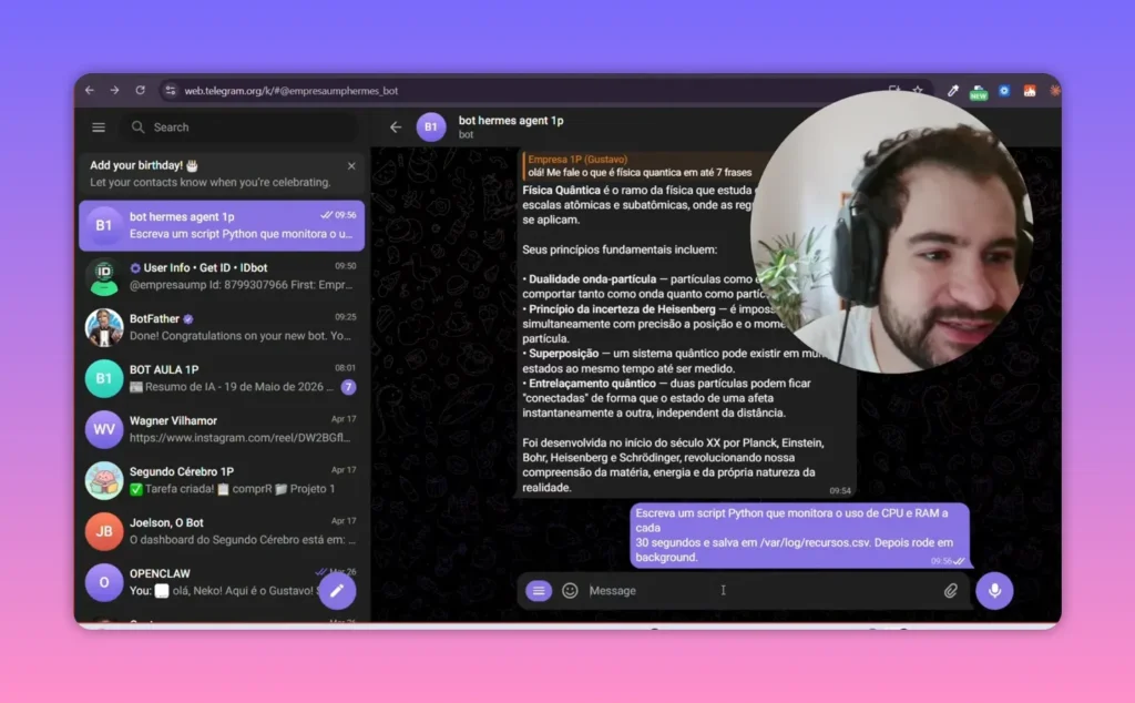 Hermes Agent no Telegram retornando instru&ccedil;&otilde;es de script para salvar m&eacute;tricas de CPU e RAM