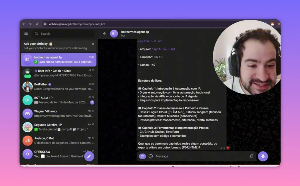 Resposta do Hermes Agent no Telegram com livro criado e estrutura em cap&iacute;tulos com metadados