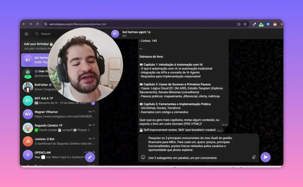Telegram web do Hermes Agent com instru&ccedil;&atilde;o para usar 3 subagentes em paralelo para an&aacute;lise de concorrentes