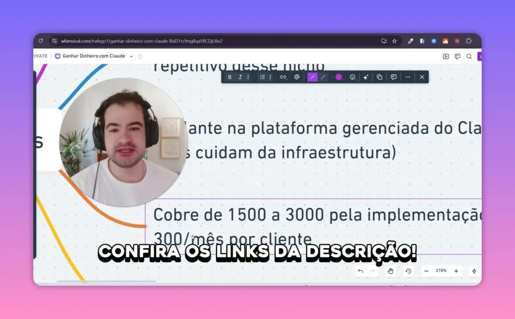 Captura de tela com texto no editor sobre cobrar de 1500 a 3000 pela implementa&ccedil;&atilde;o e 300 por m&ecirc;s por cliente no contexto de Claude
