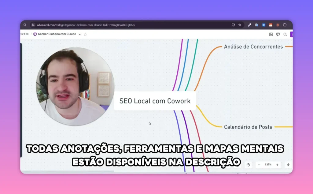 Tela do v&iacute;deo &ldquo;SEO Local com Cowork&rdquo; mostrando an&aacute;lise de concorrentes e calend&aacute;rio de posts