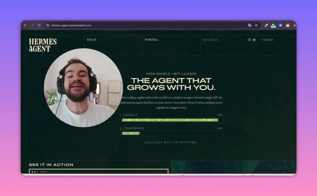 Comando de instala&ccedil;&atilde;o e chamada do Hermes setup na p&aacute;gina do Hermes Agent