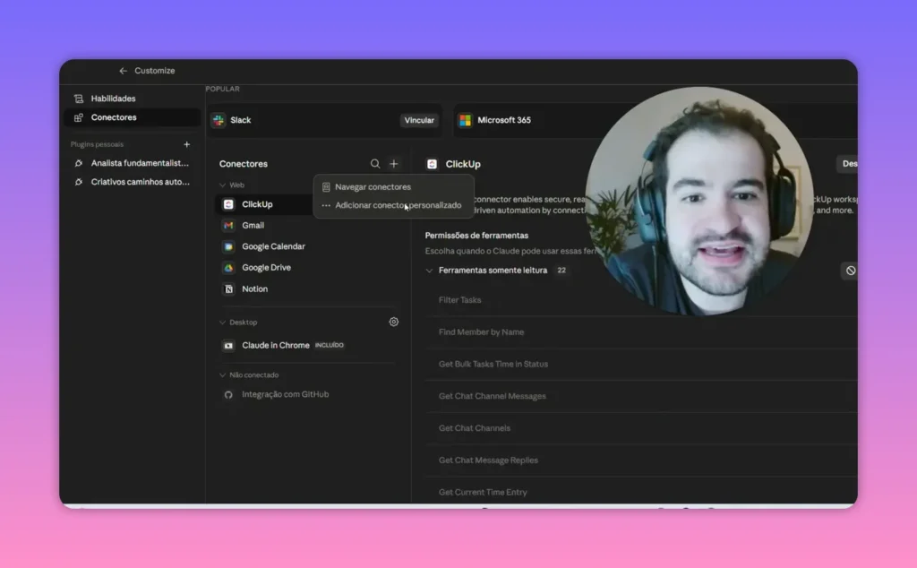 Janela de adicionar conector personalizado com campos de nome e URL preenchidos