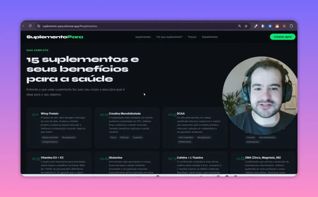 P&aacute;gina do site de suplementos com grade de cards de benef&iacute;cios de suplementos