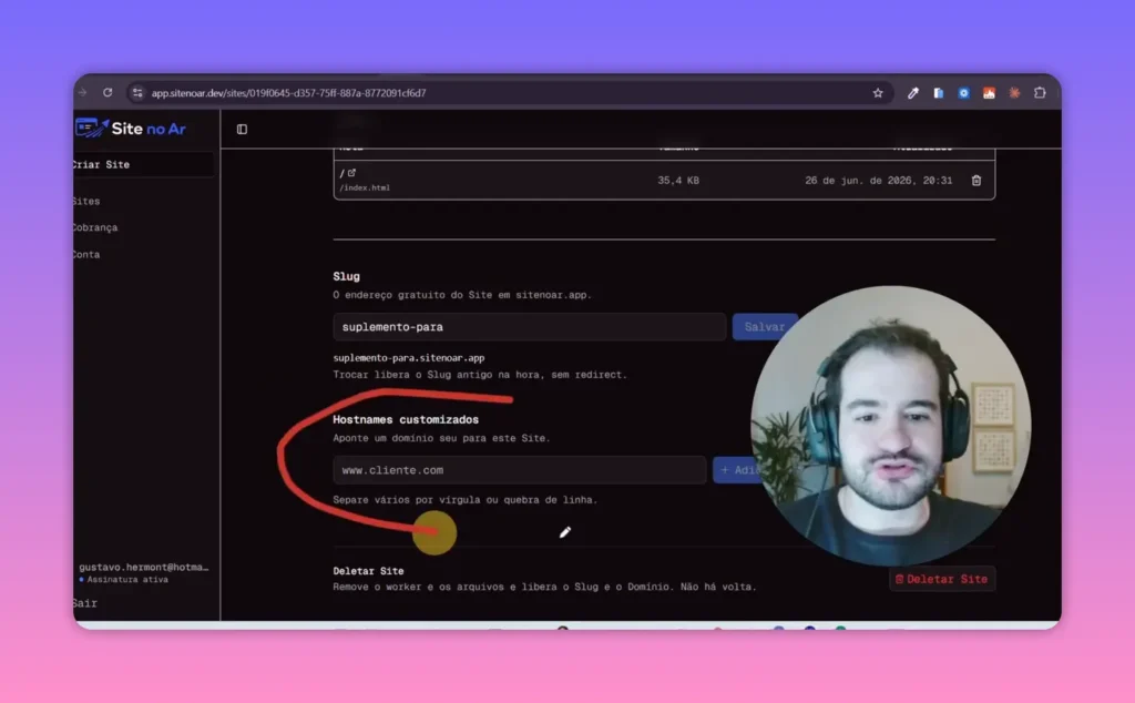 Painel do Site no Ar mostrando instru&ccedil;&otilde;es de DNS para hostname customizado