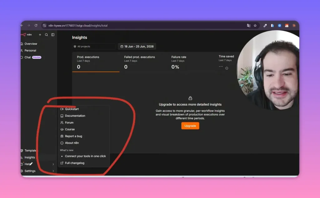 Interface do n8n com op&ccedil;&otilde;es laterais de organiza&ccedil;&atilde;o e cria&ccedil;&atilde;o de workflows
