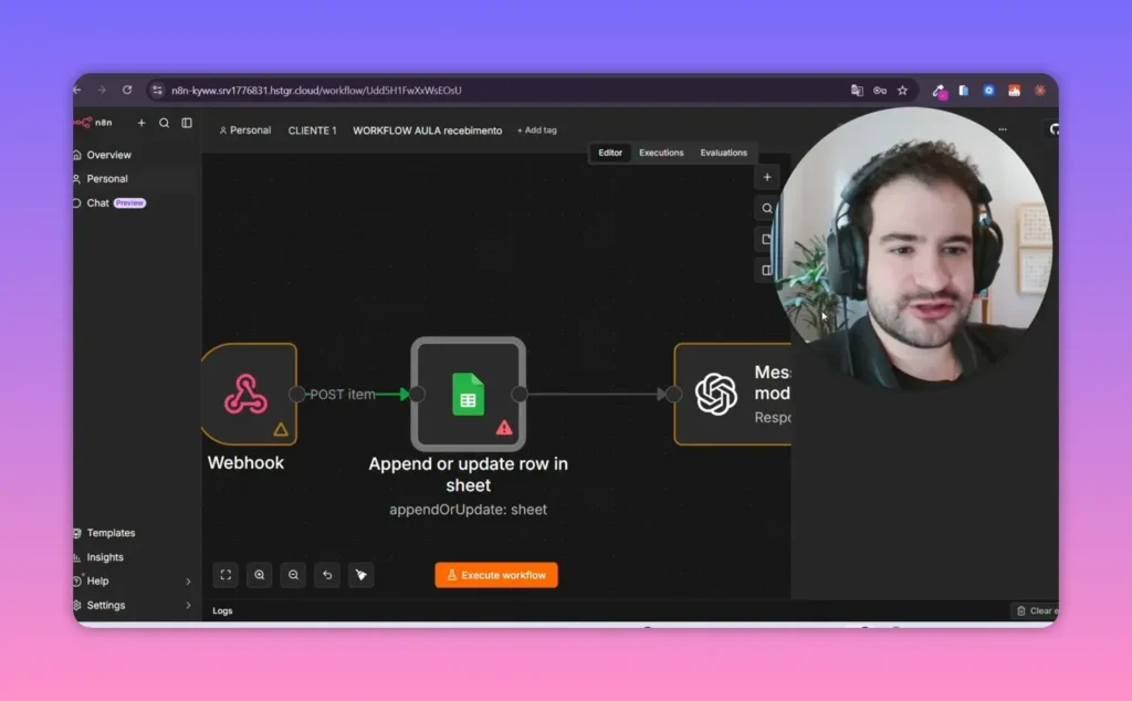 Fluxo no n8n com n&oacute;s da OpenAI, Google Sheets e webhook conectados