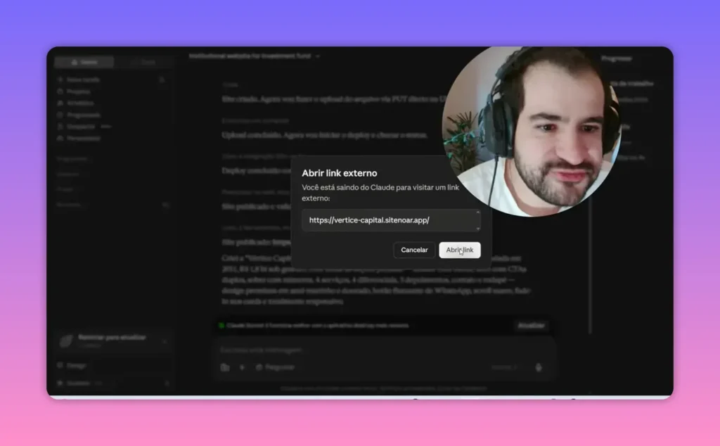site publicado com layout escuro e texto sobre gestão de ações