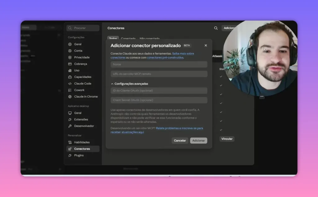 Janela do Claude para adicionar conector personalizado com campos de nome e URL do servidor